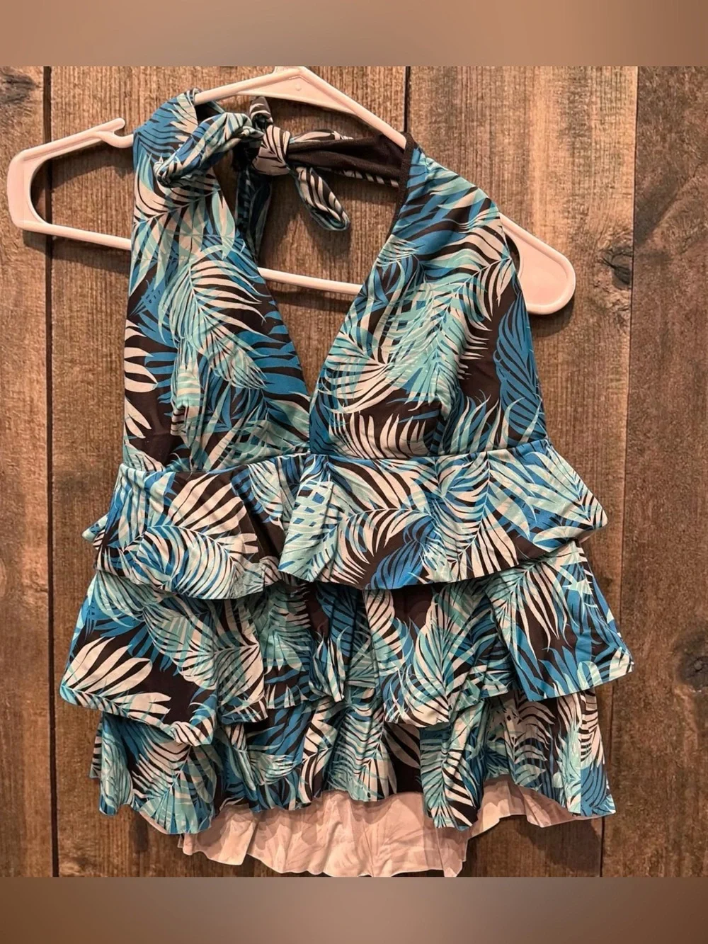Bathing suit top Blue Tropical Ruffled Halter LARGE